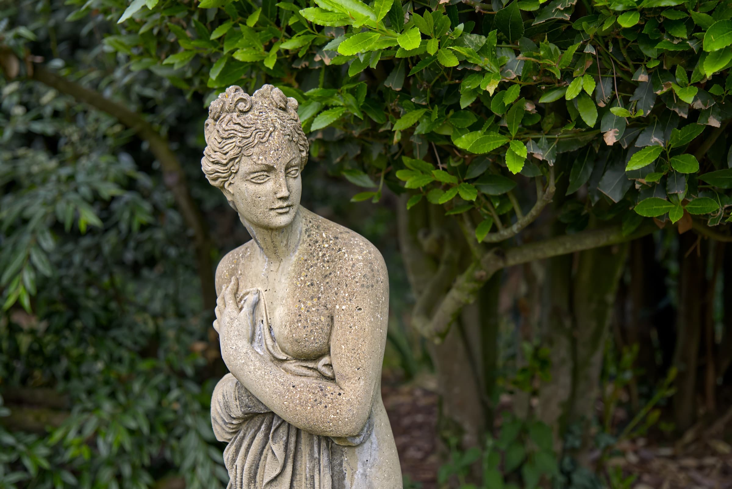 Château Lesvescault — stone lady statue among the garden greenery
