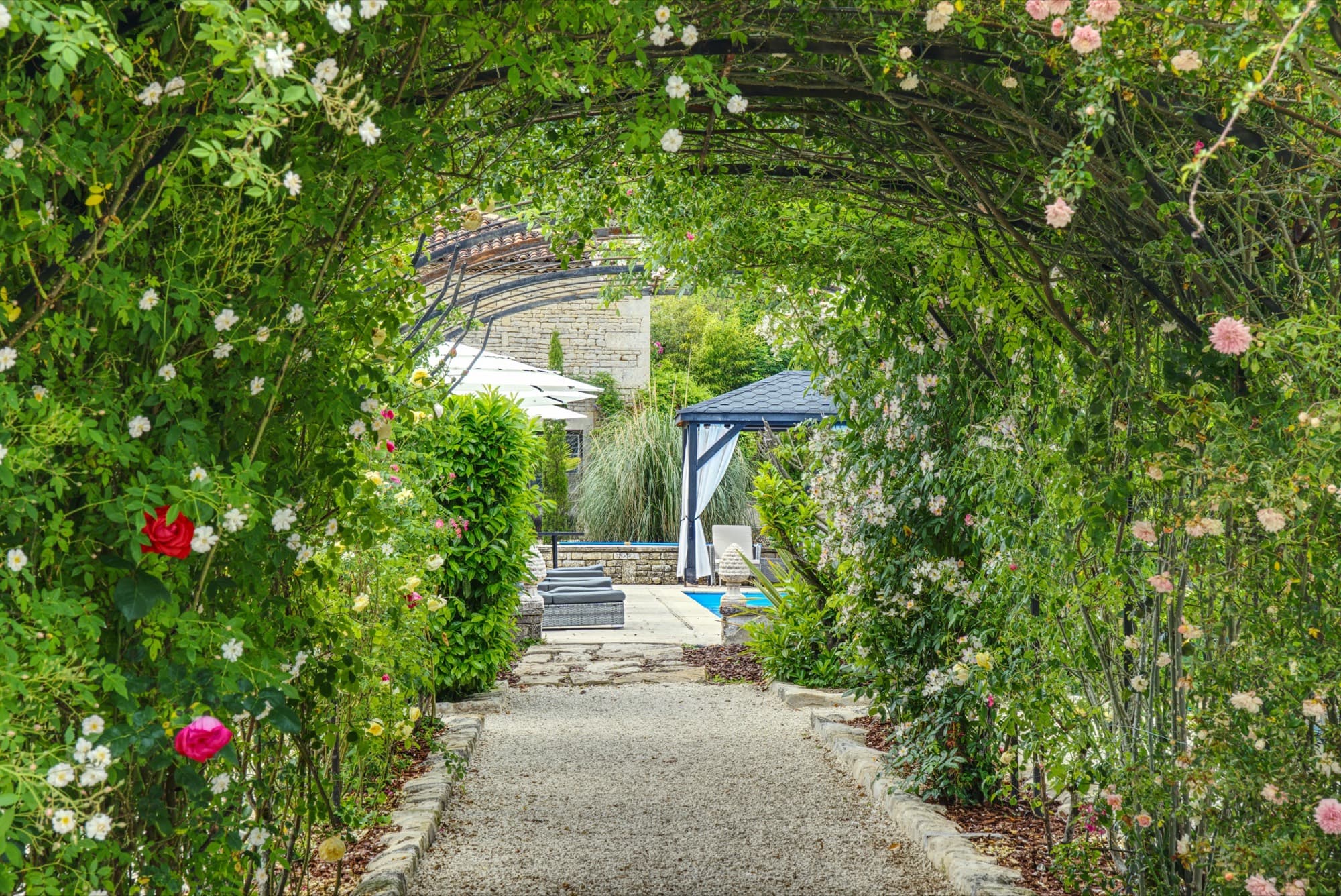 Château Lesvescault — rose arch tunnel framing the path to the pool