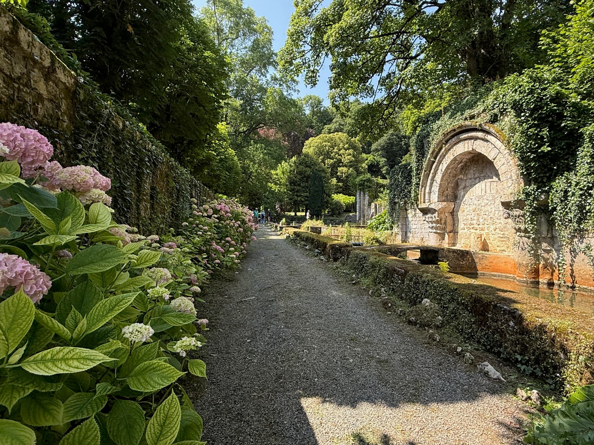 The Romanesque arches of the Abbaye de Nanteuil-en-Vallée, lined with hydrangeas in summer
